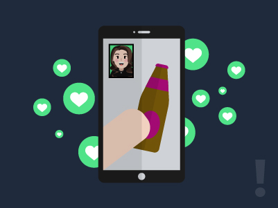 Digital gezeichnetes Smartphone mit BeReal-App vor schwarzem Hintergrund und grünen Kreise mit weißen Herzen.